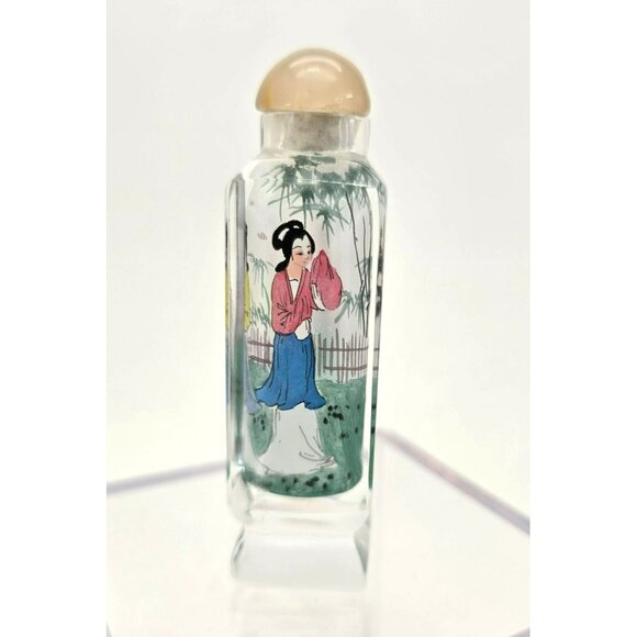 Snuff Bottle Hand-Painted Chinese Square Glass Round Lid Vintage Women je143